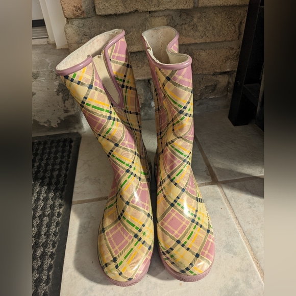 Sperry rubber rain boots US 7 pink and yellow plaid - Picture 5 of 5